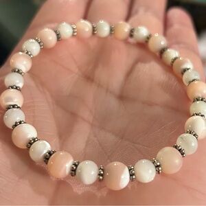 Handmade 6mm & 7mm Genuine White & Pink Mother of Pearl Beaded Stretch Bracelet